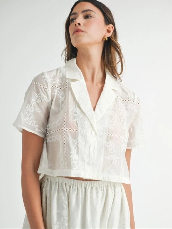 Mable Tops - MABLE White Floral Eyelet Embroidered Crop Blouse Sheer Lace Shirt